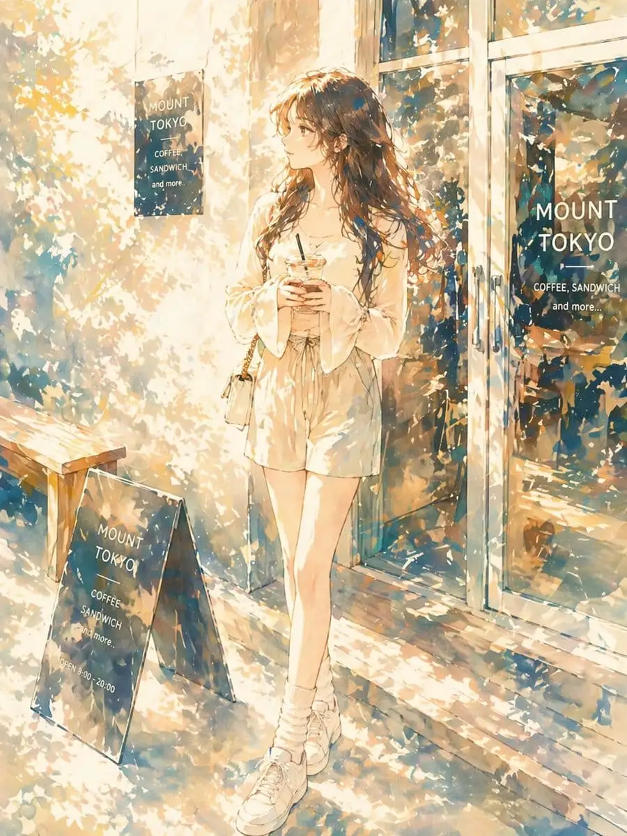 阳光咖啡馆动漫少女·梦幻水彩全身插画