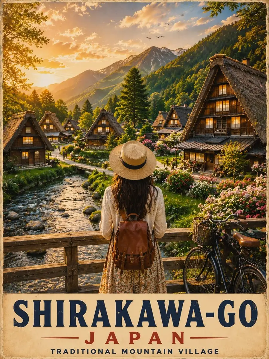 梦幻白川乡 | 复古黄金时刻旅行海报