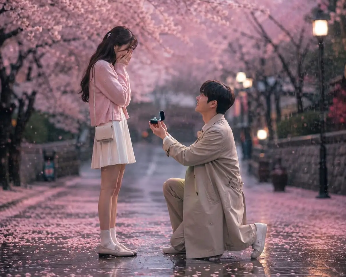 韩剧风樱花雨求婚 | 梦幻电影感场景生成