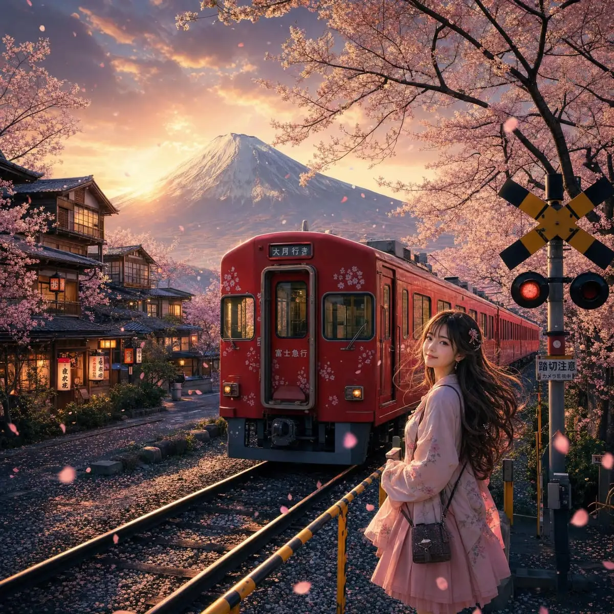 富士山樱花列车:动漫少女的梦幻邂逅