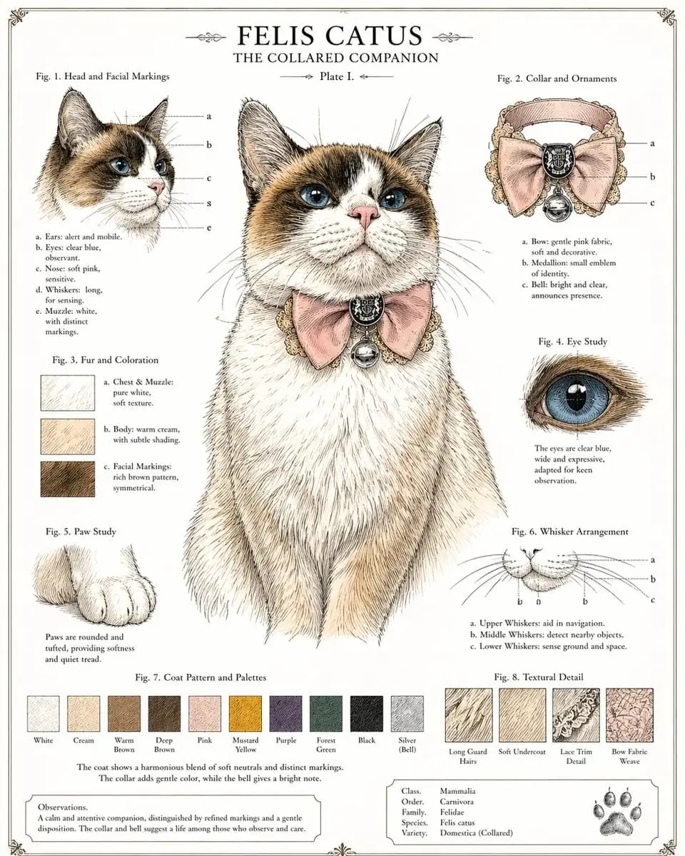 复古自然历史猫咪图鉴:优雅项圈猫科学插画