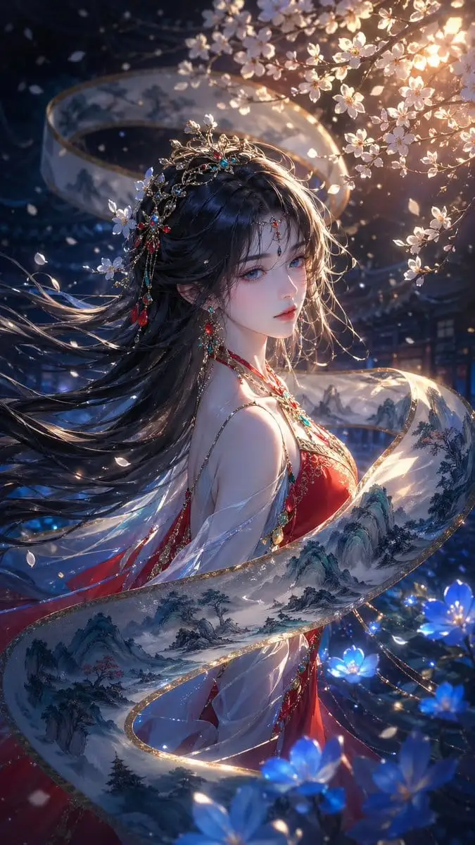山水长卷环绕的国风少女·梦幻东方美学