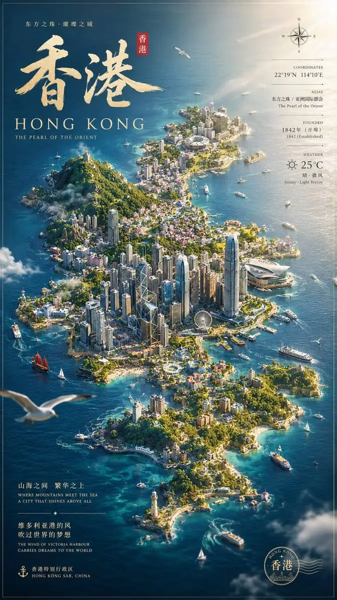 香港微缩城市生态岛屿|AI艺术海报