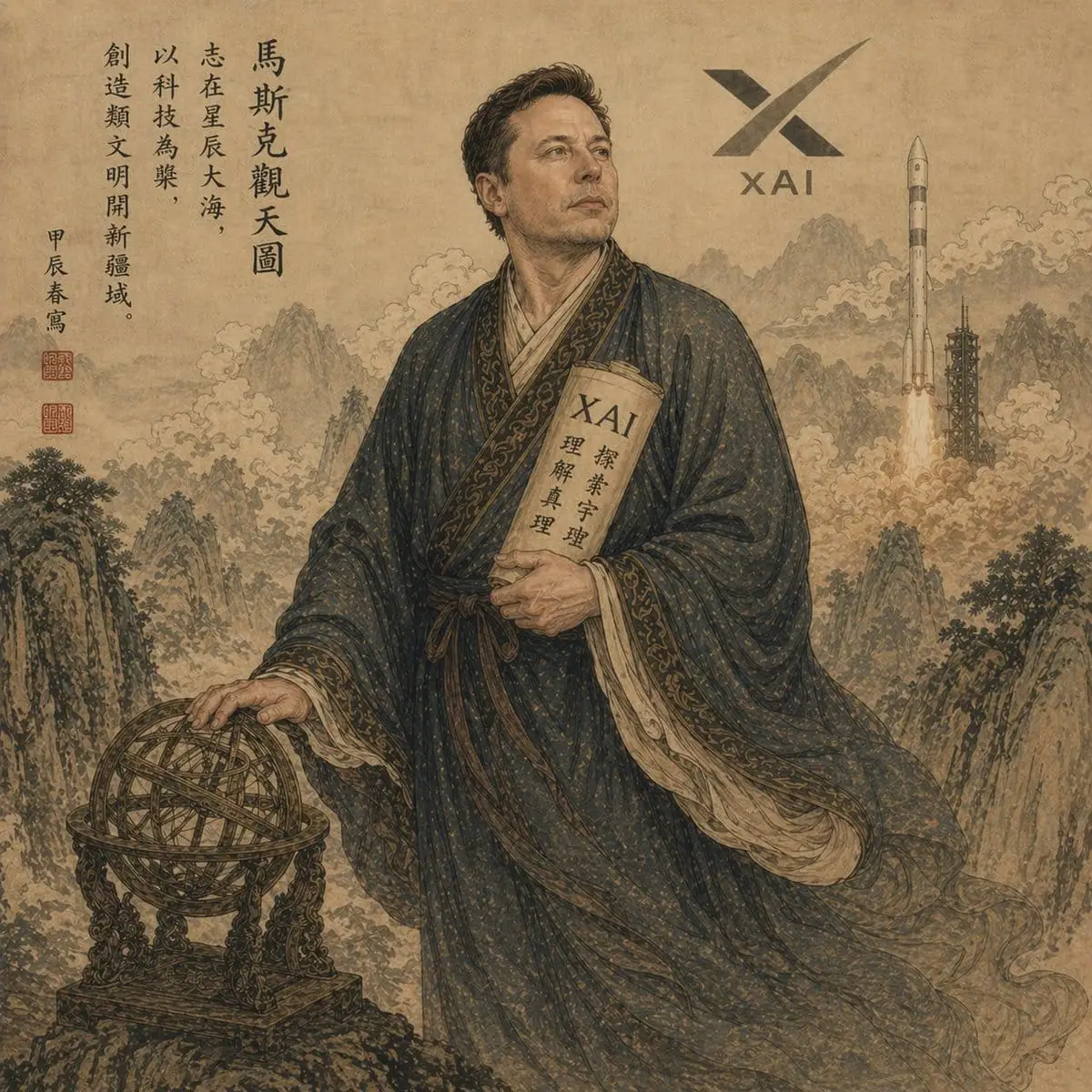 XAI古代学者:AI水墨融合肖像