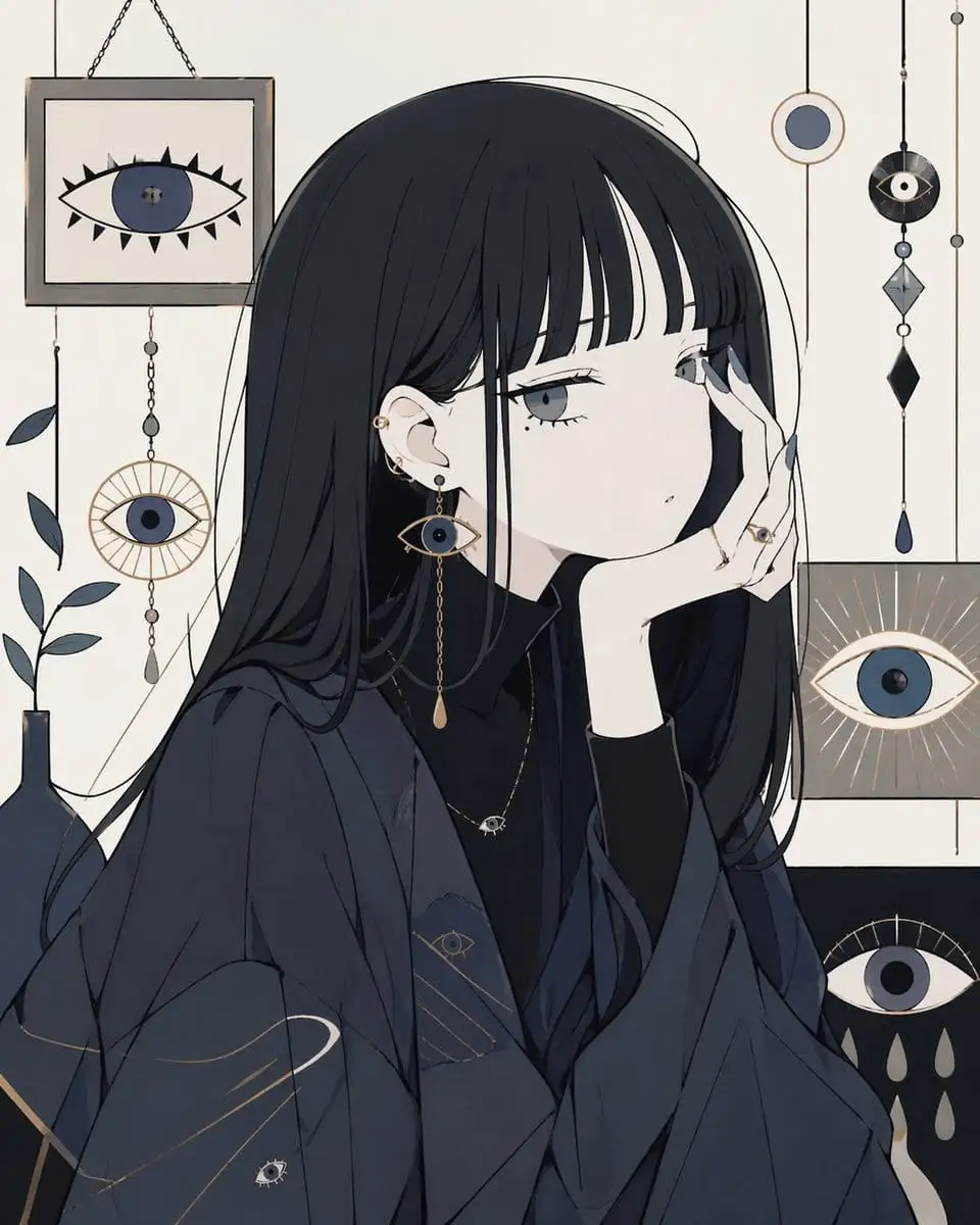 神秘眼眸动漫肖像:极简哥特风格插画