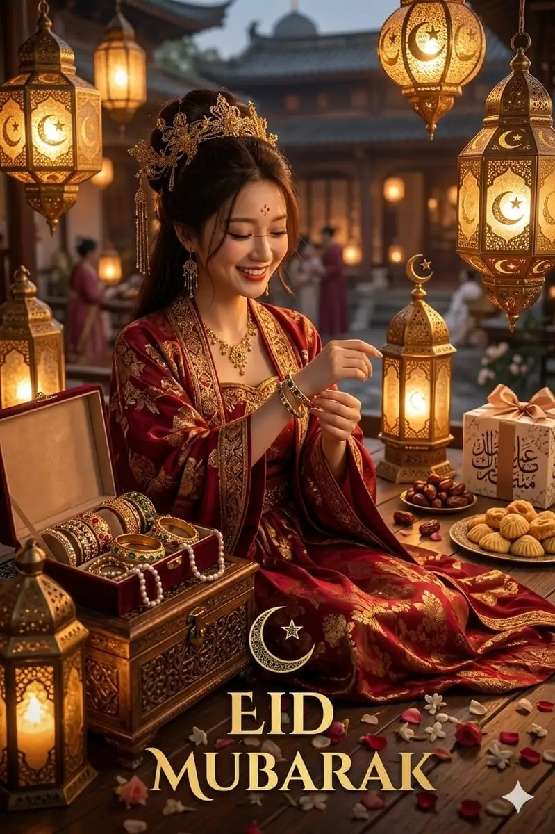 红金丝绸开斋节:东亚女性华丽庆典人像