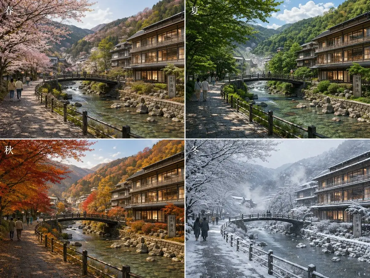 四季日本温泉小镇 | 2x2风景拼贴提示词