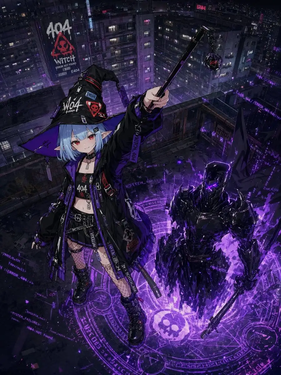 赛博朋克404女巫召唤 | 未来都市魔法插画