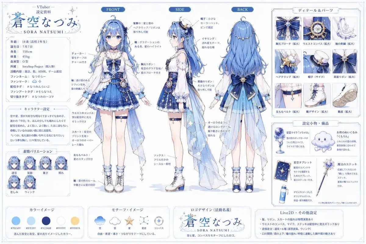 VTuber角色设定参考图 | 苍空なつみ幻想偶像设计