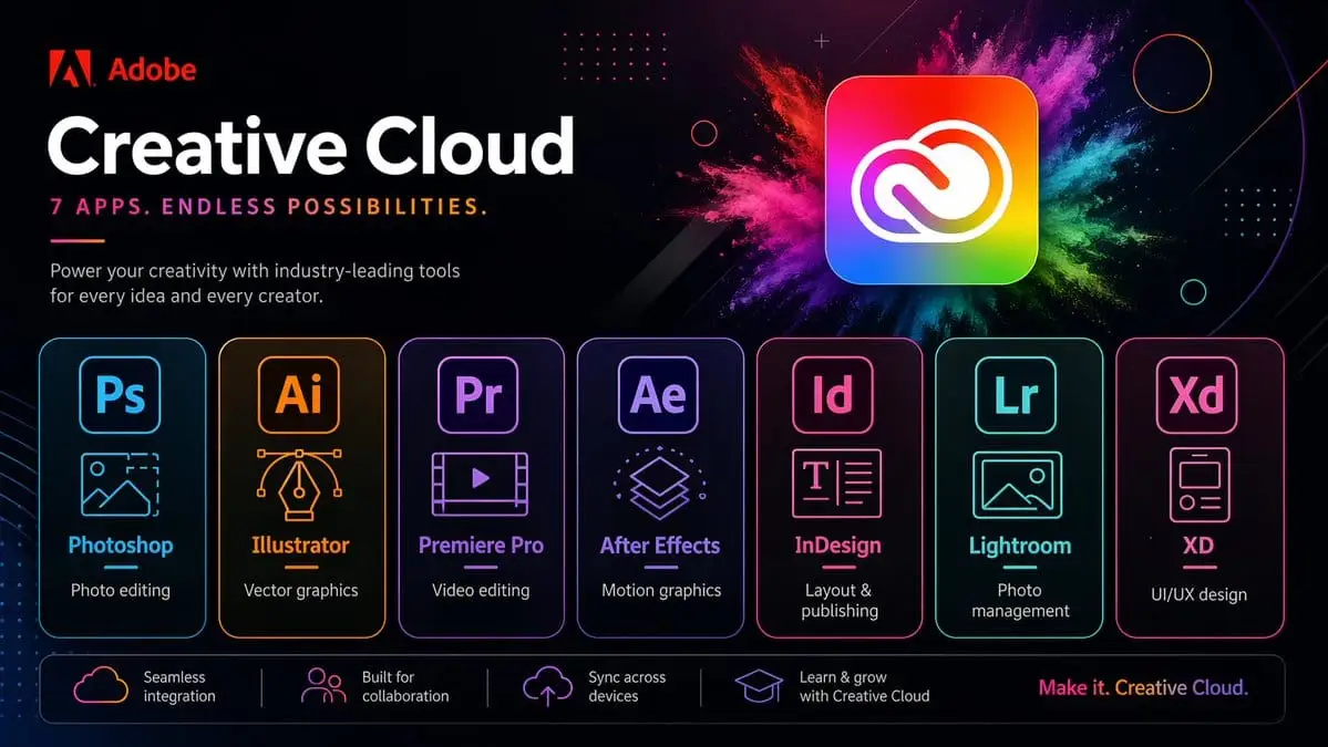 Adobe Creative Cloud 促销横幅 — 霓虹科技感海报提示词