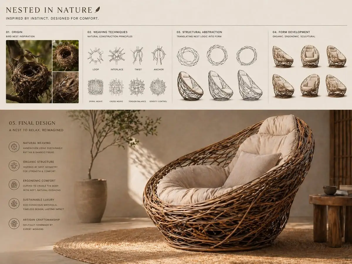 鸟巢灵感雕塑休闲椅设计 | 编织与自然美学