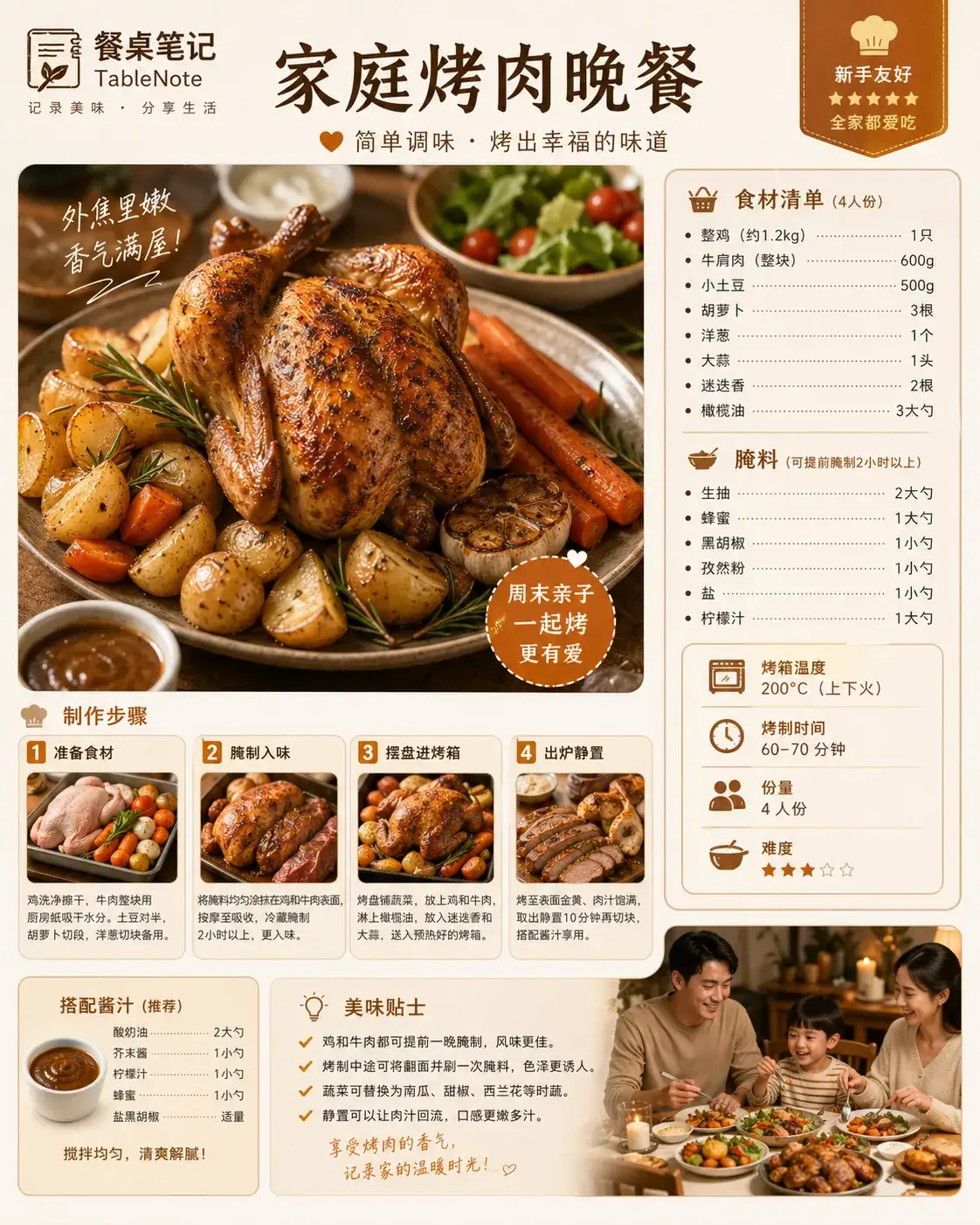 餐桌笔记烤肉晚餐食谱卡