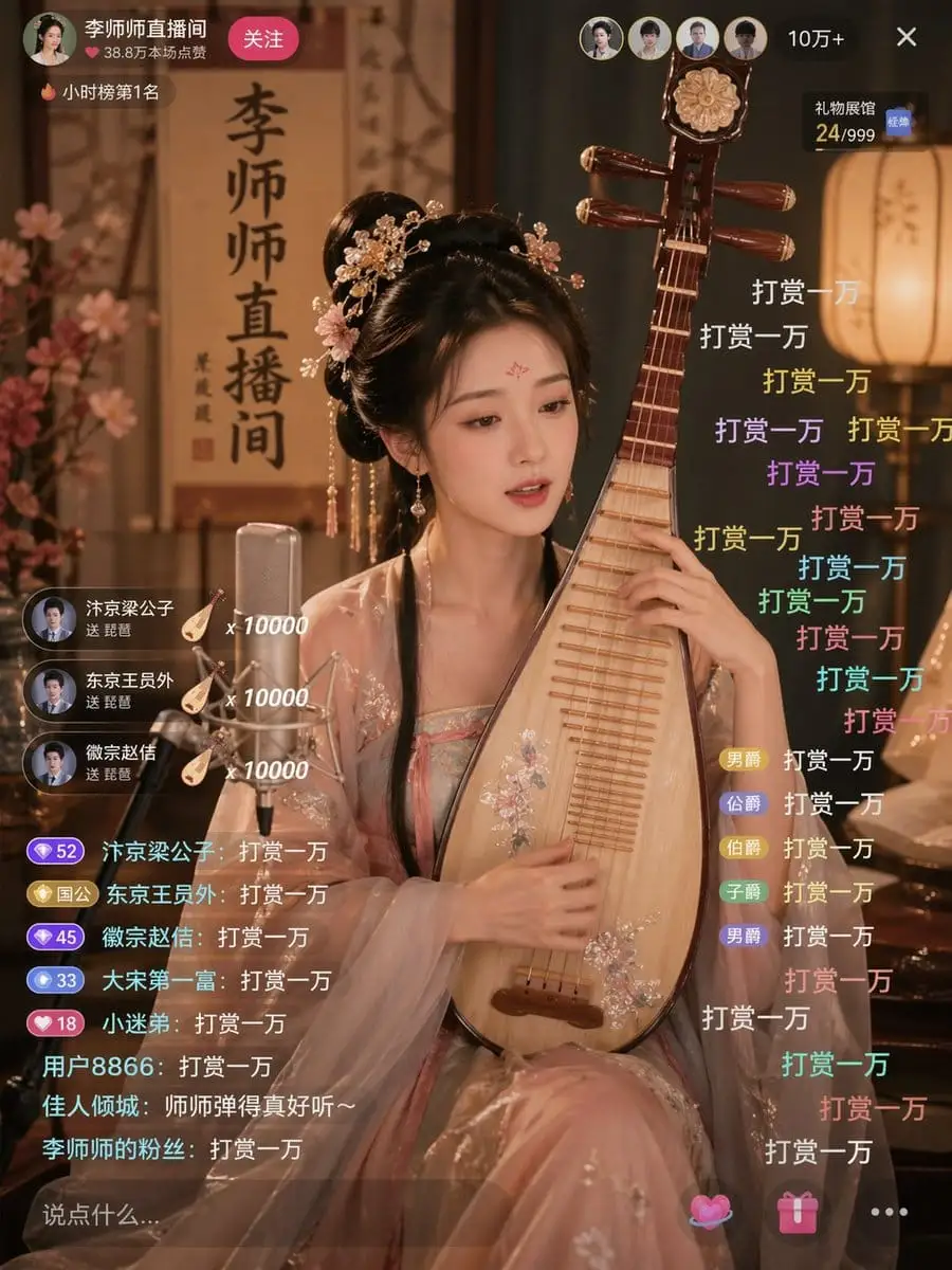 古风美女直播弹奏琵琶场景