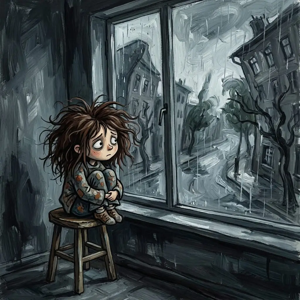 雨窗边的忧郁孩童:暗黑奇幻绘本风AI绘画
