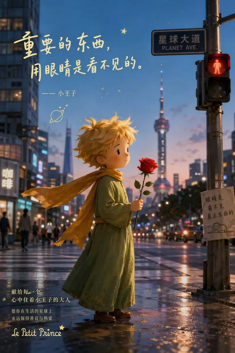 小王子上海雨中海报 | 电影感城市诗意插画Prompt