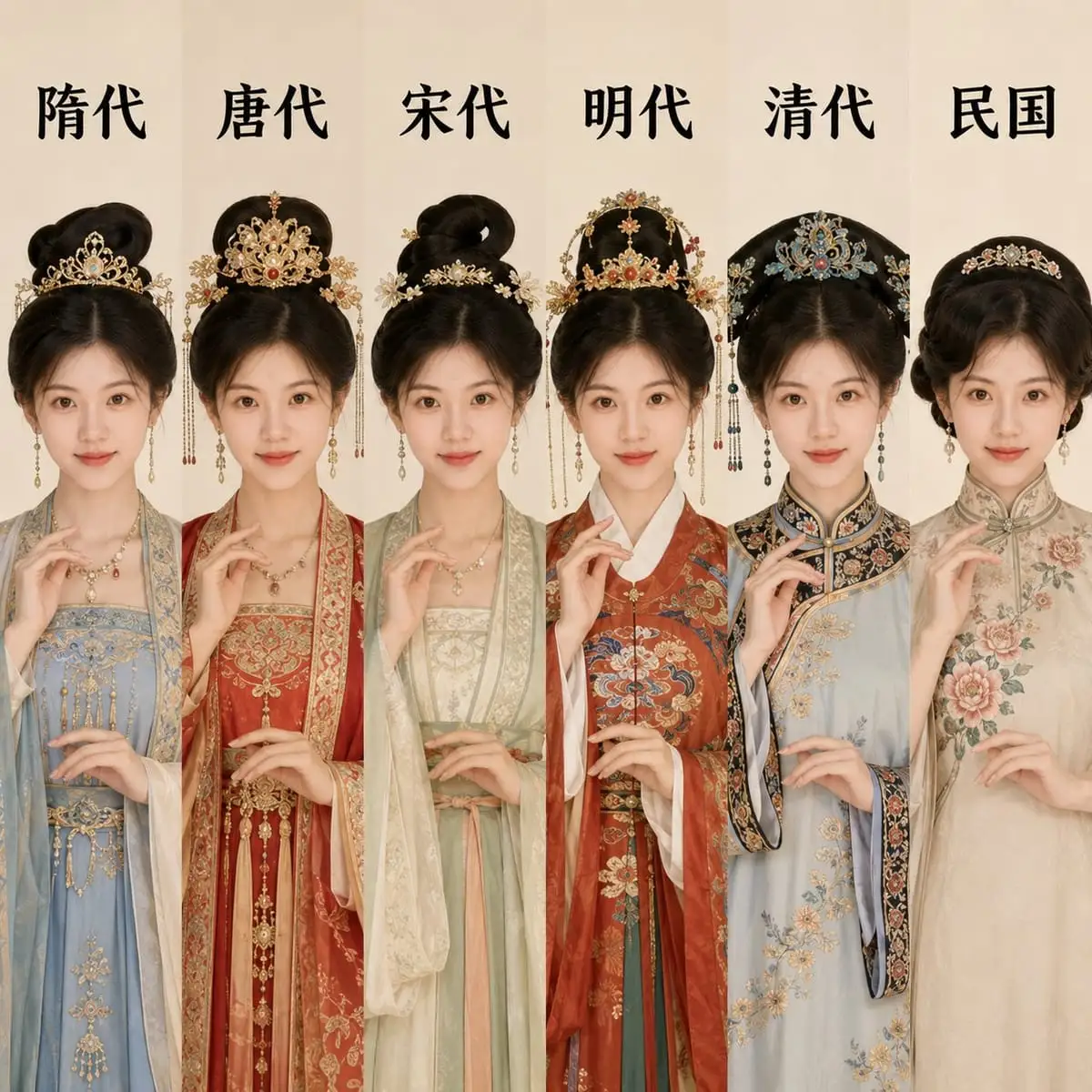 历代服饰六宫格人像:穿越隋唐至民国