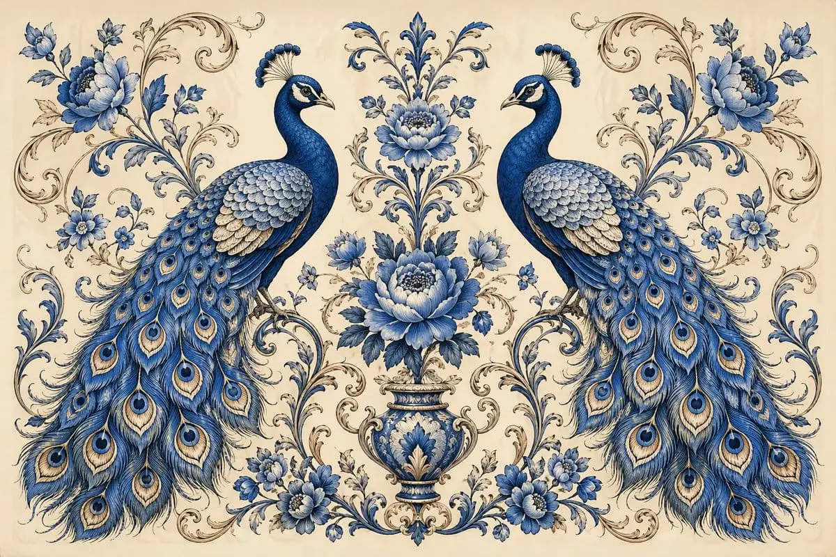 蓝孔雀对称花卉装饰插画