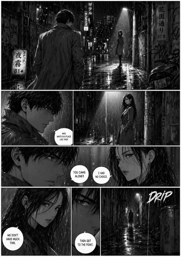 雨夜黑色电影漫画页面:7格悬疑叙事生成器