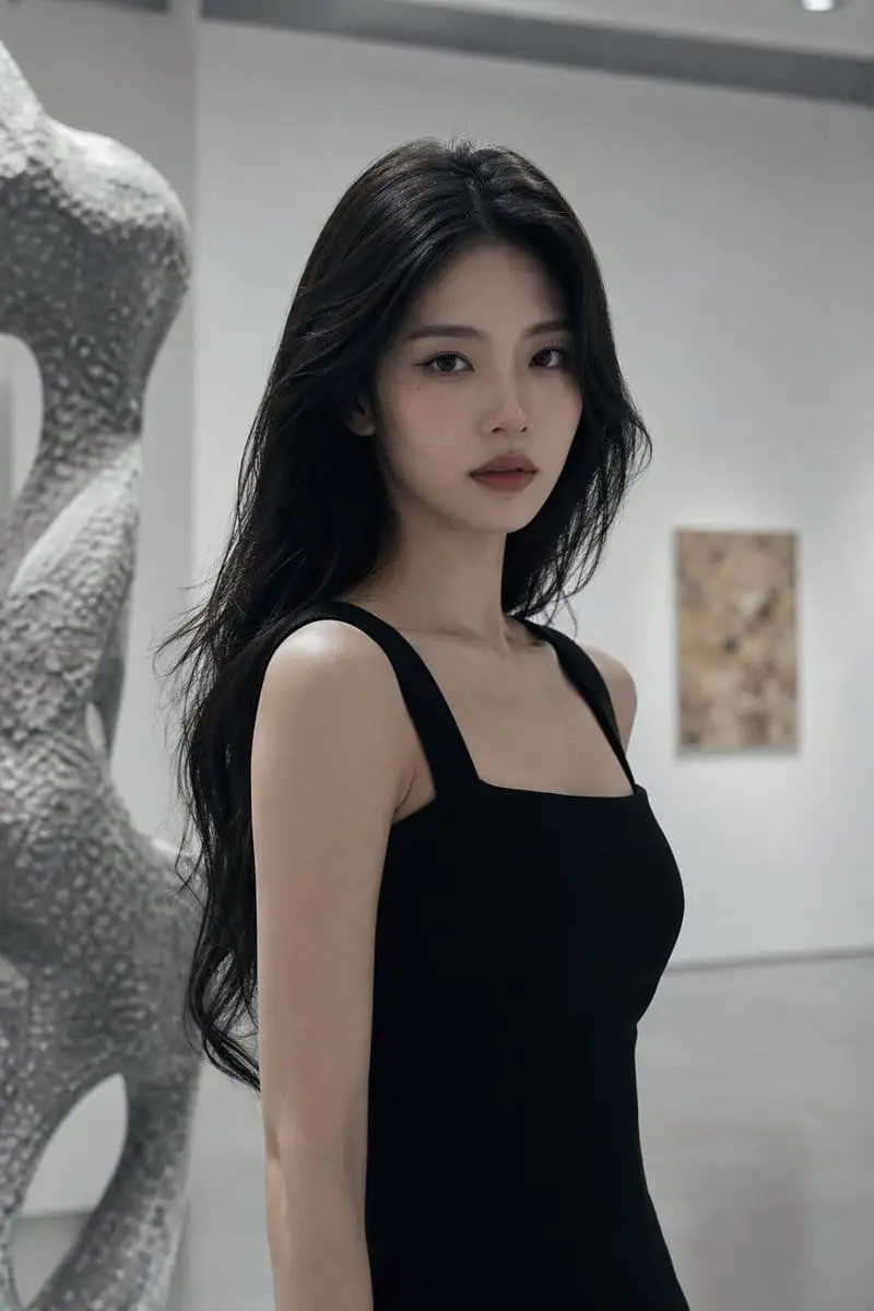 冷艳黑裙女郎凝视艺术展 · 高级感杂志大片