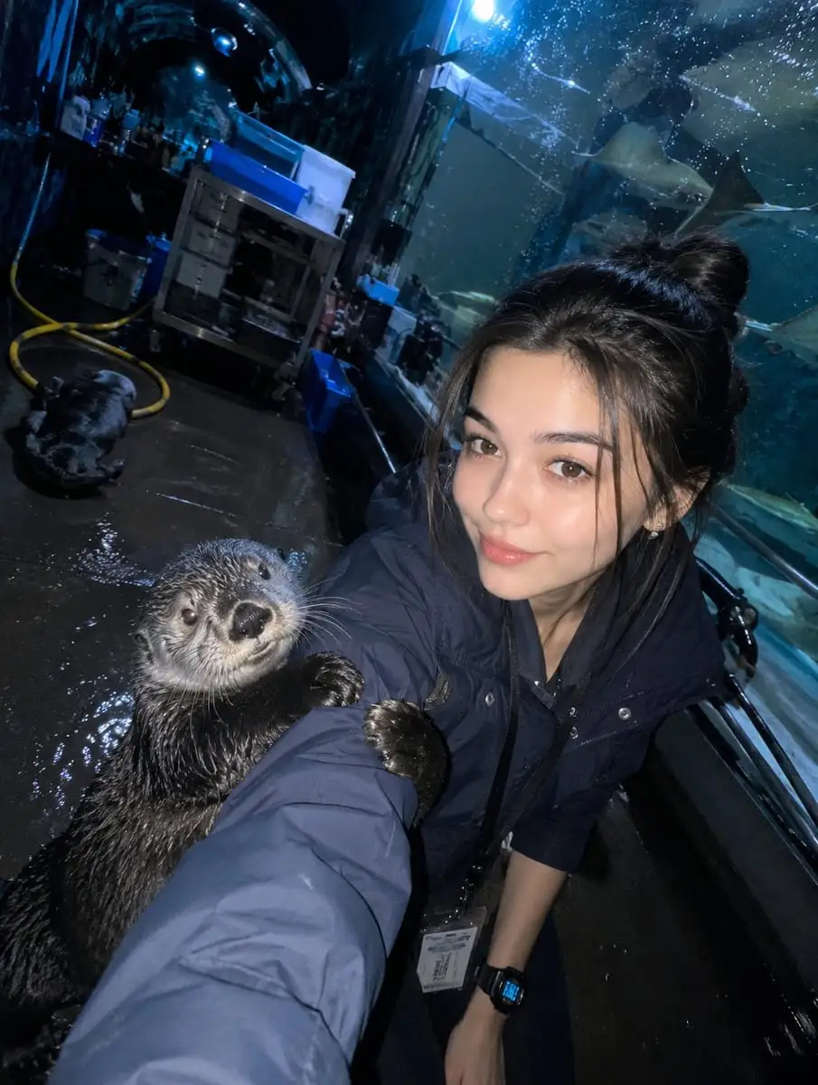 水族馆隧道自拍:饲养员与淘气海獭的可爱瞬间