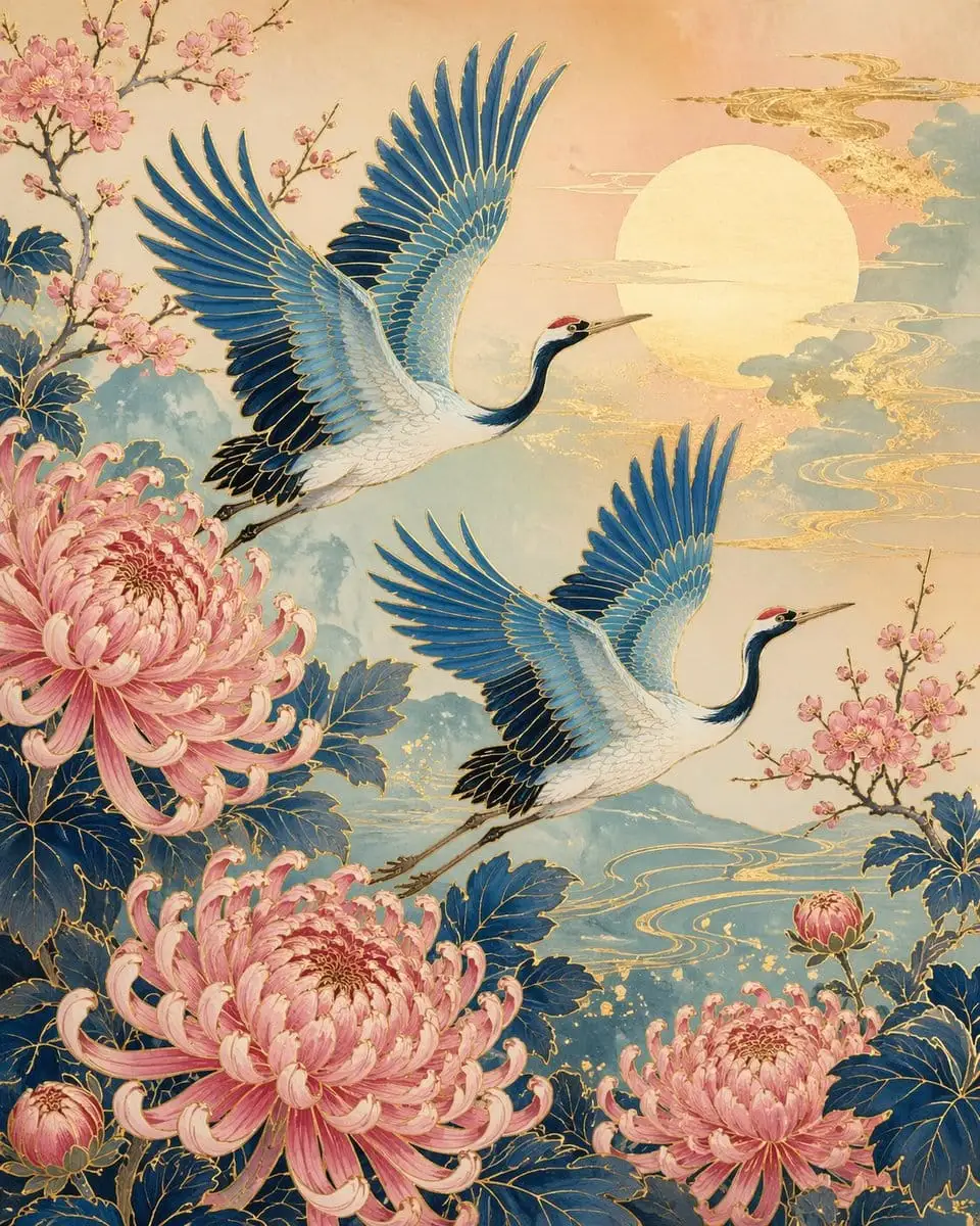 日式仙鹤与菊花:高端和风艺术生成