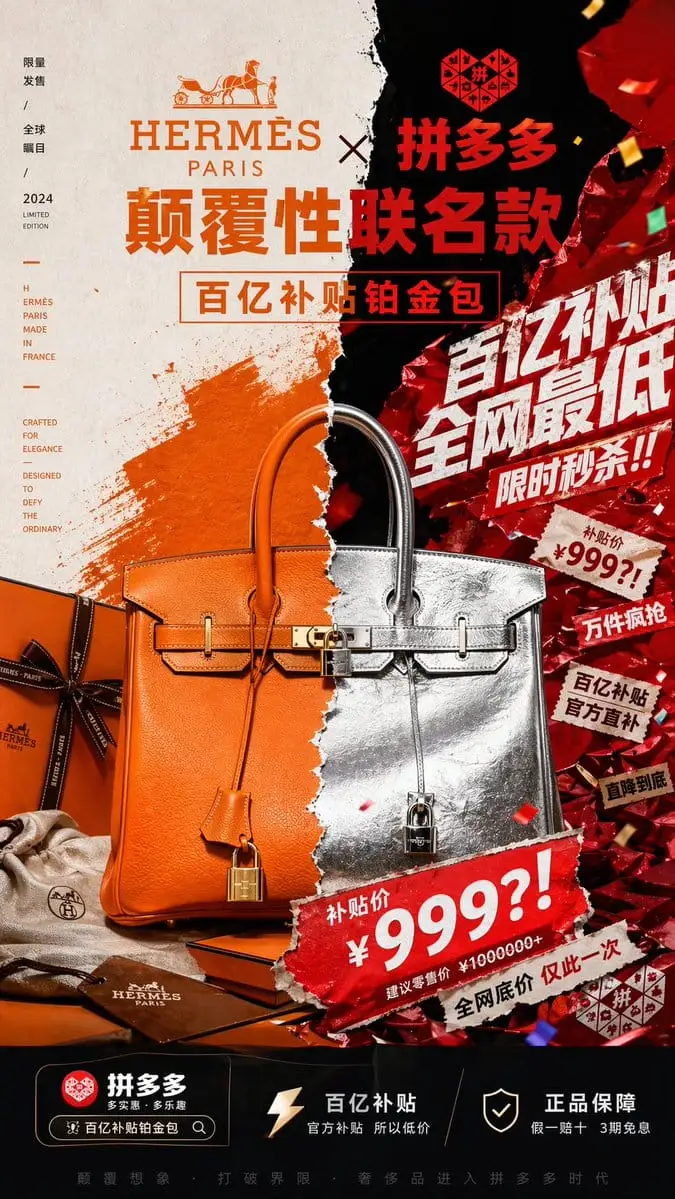 奢华×电商对撞海报 | 撕裂缝合联名手袋广告
