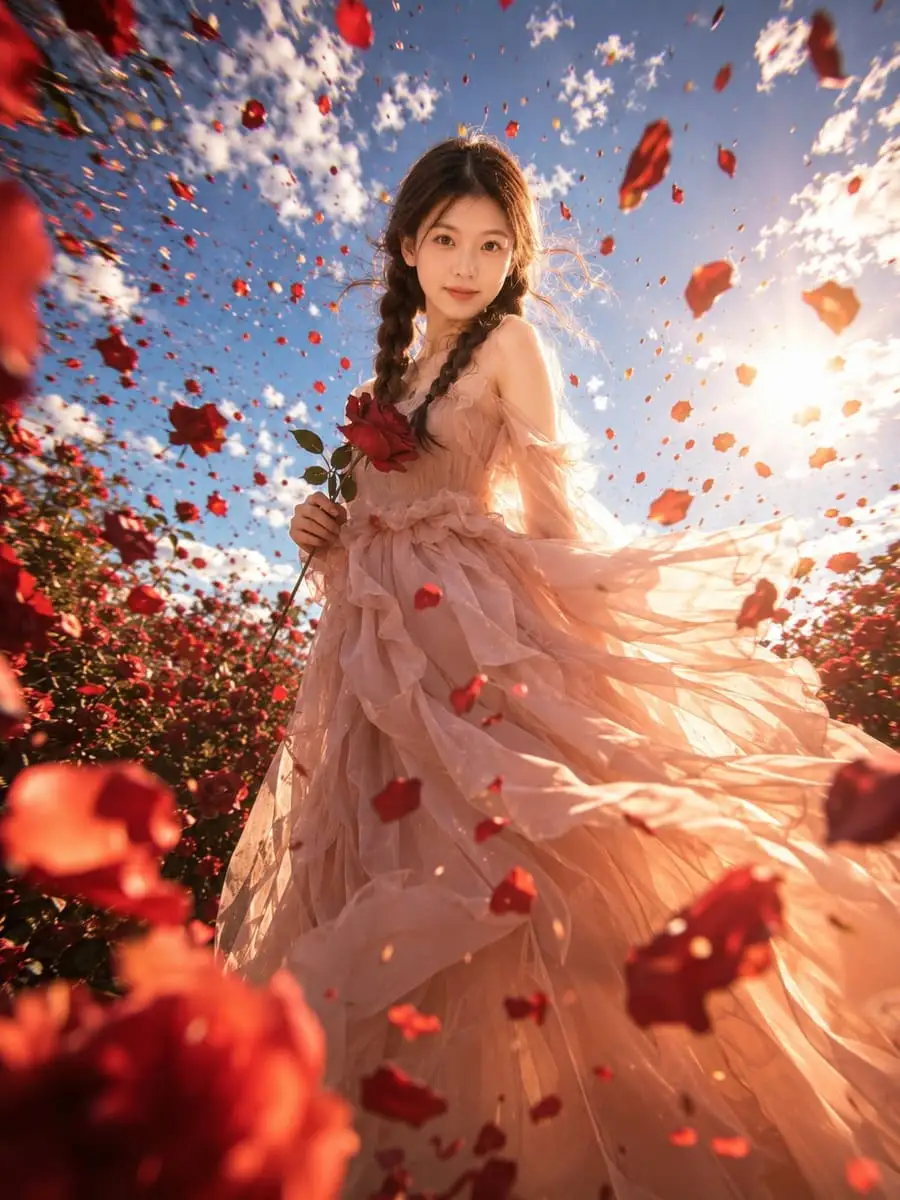 电影感玫瑰人像:强风花瓣与逆光浪漫写实