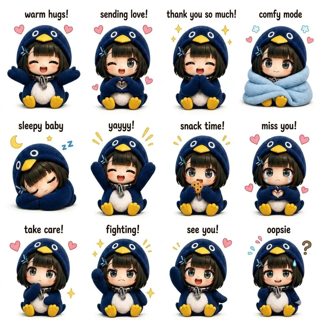 蓝企鹅兜帽少女 · 治愈系Q版贴纸表情包