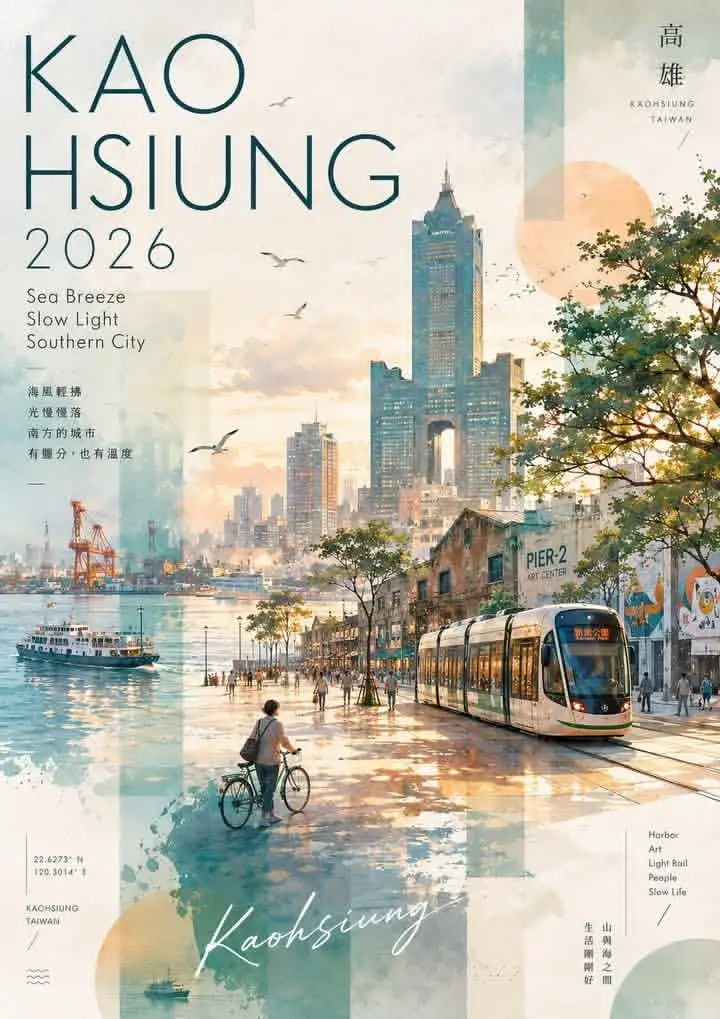 高雄水彩拼贴旅行海报|日落轻轨海滨诗意