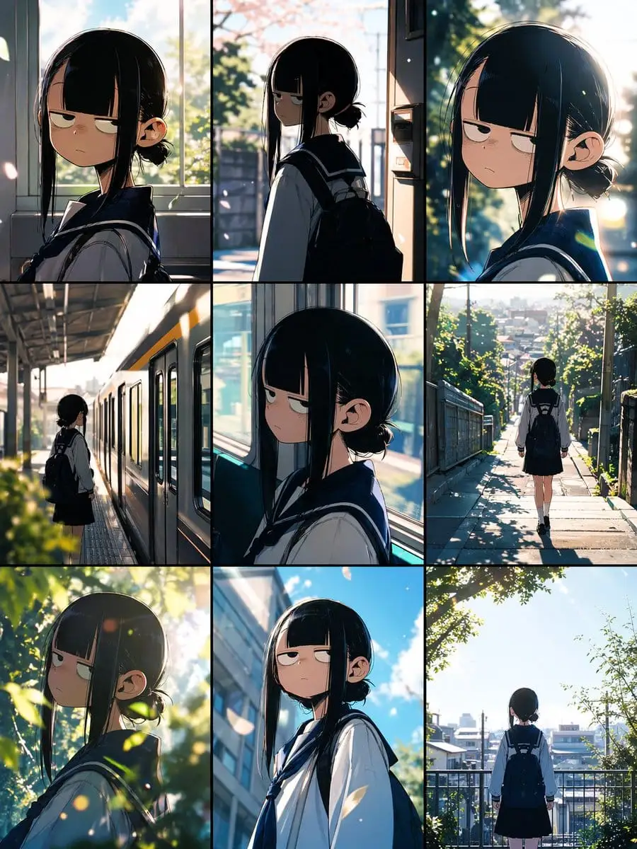 动漫校园通勤分镜网格 | 9格日常系插画创作