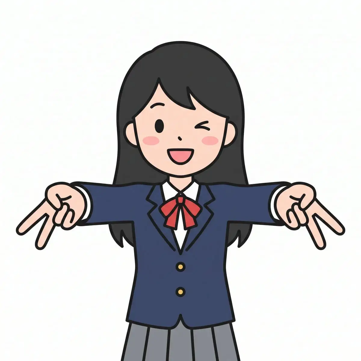 可爱眨眼女学生比耶手势 - 扁平矢量插画
