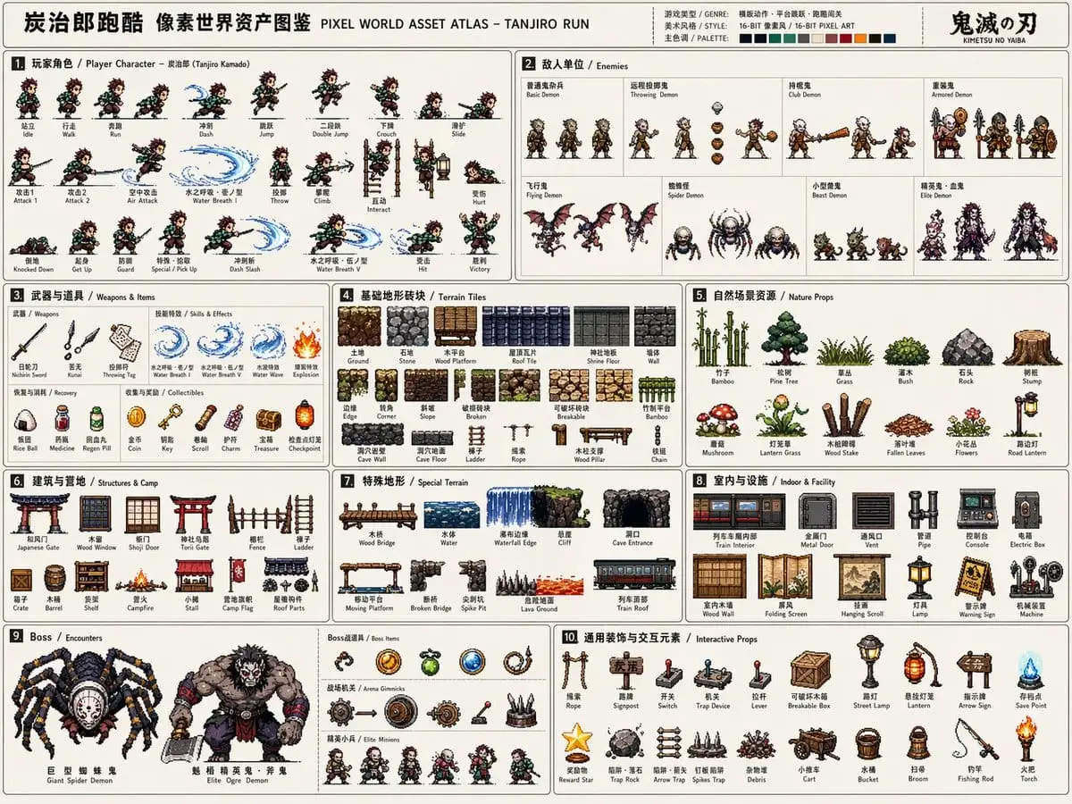 像素游戏资产图集模板 - 鬼灭之刃横版动作