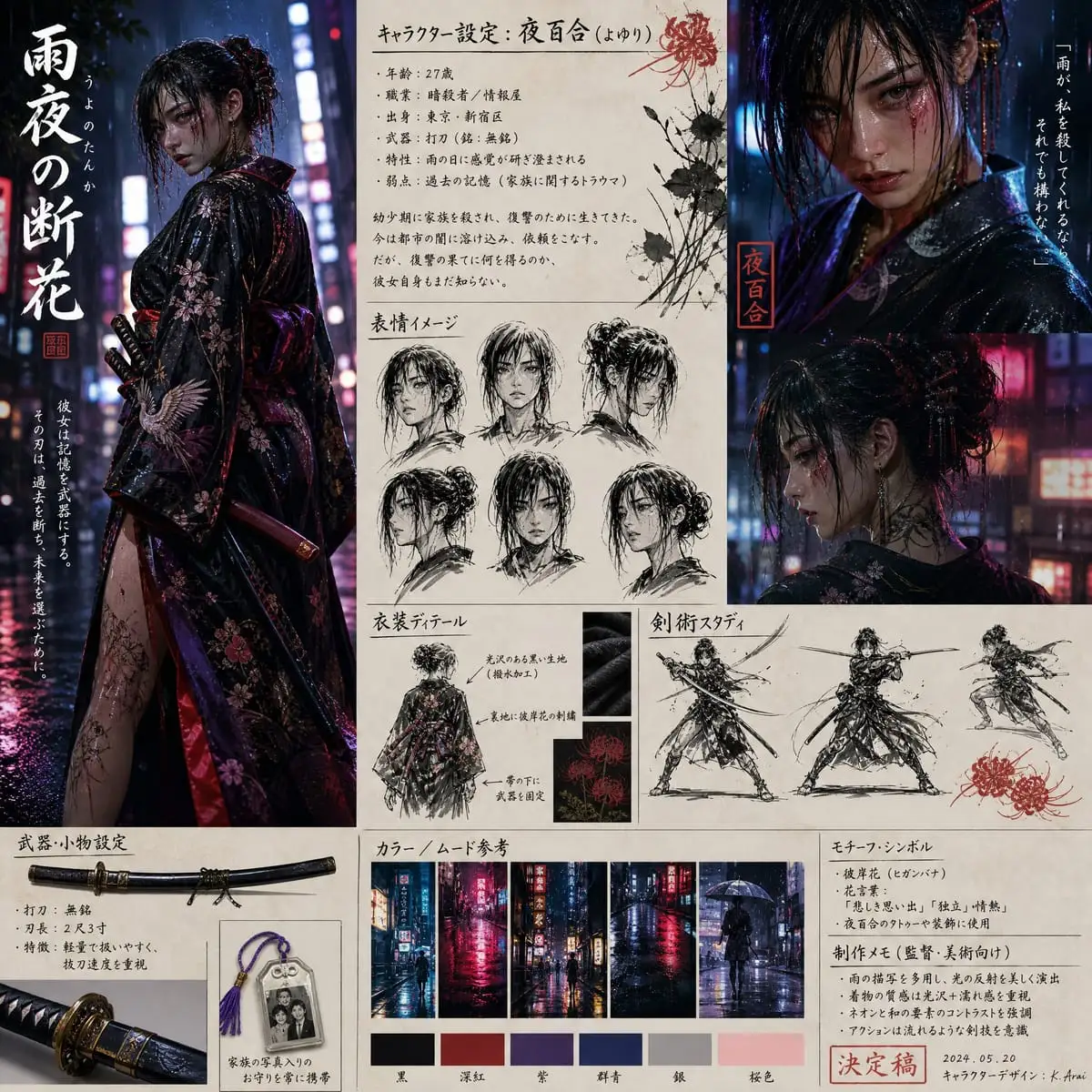 霓虹雨夜·日本女刺客赛博朋克角色板