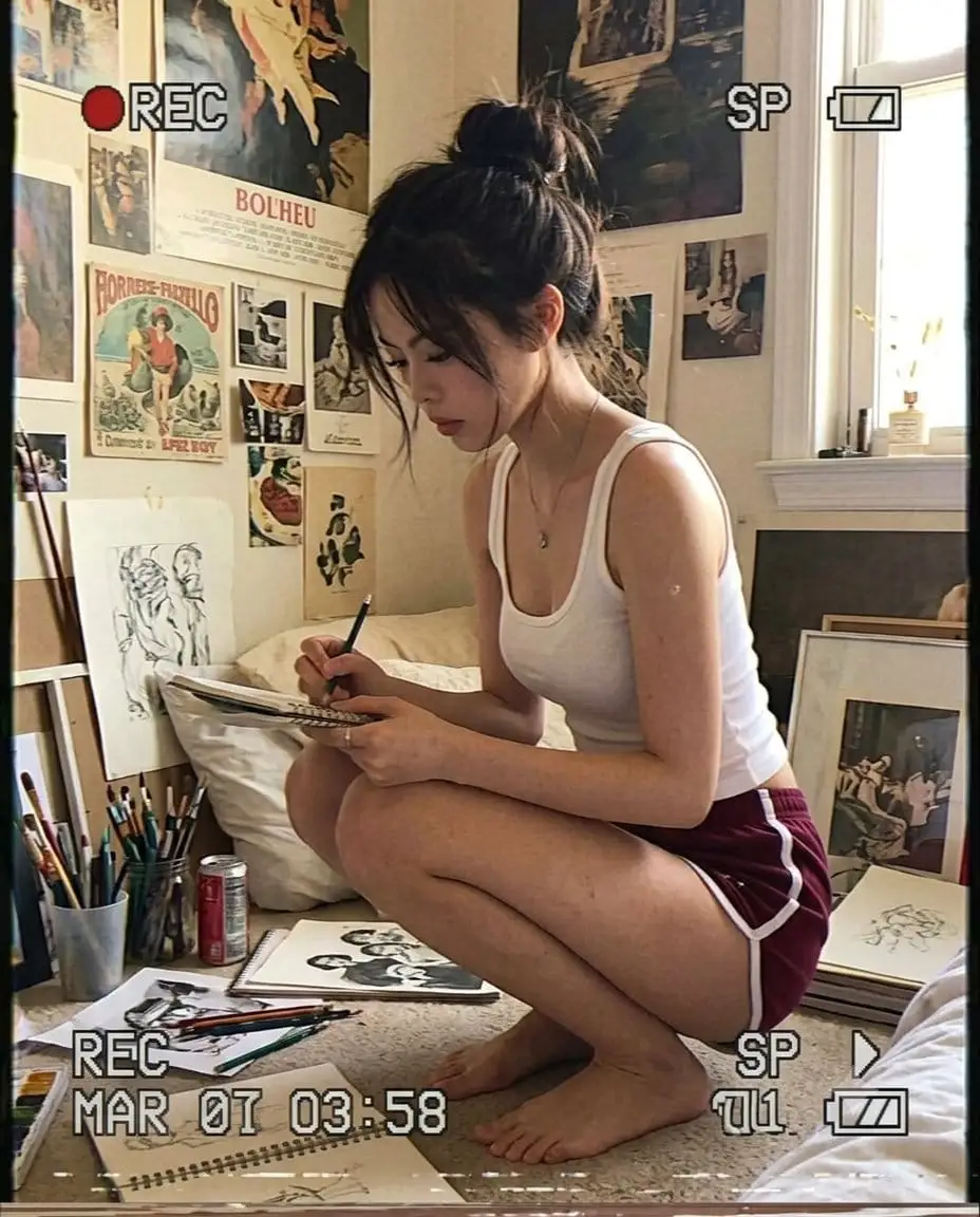 90年代复古VHS摄像机:卧室艺术写生人像