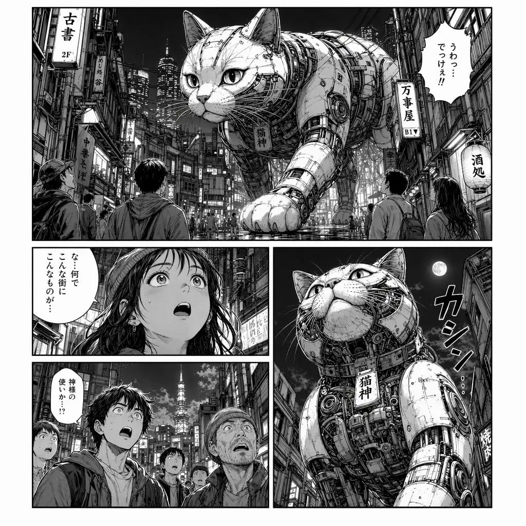 赛博朋克漫画:巨型机械猫神降临都市