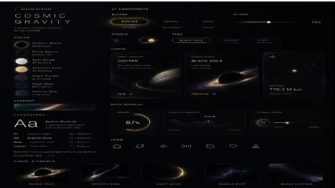 Cosmic Gravity 玻璃拟态UI系统 – 深空科幻仪表盘设计