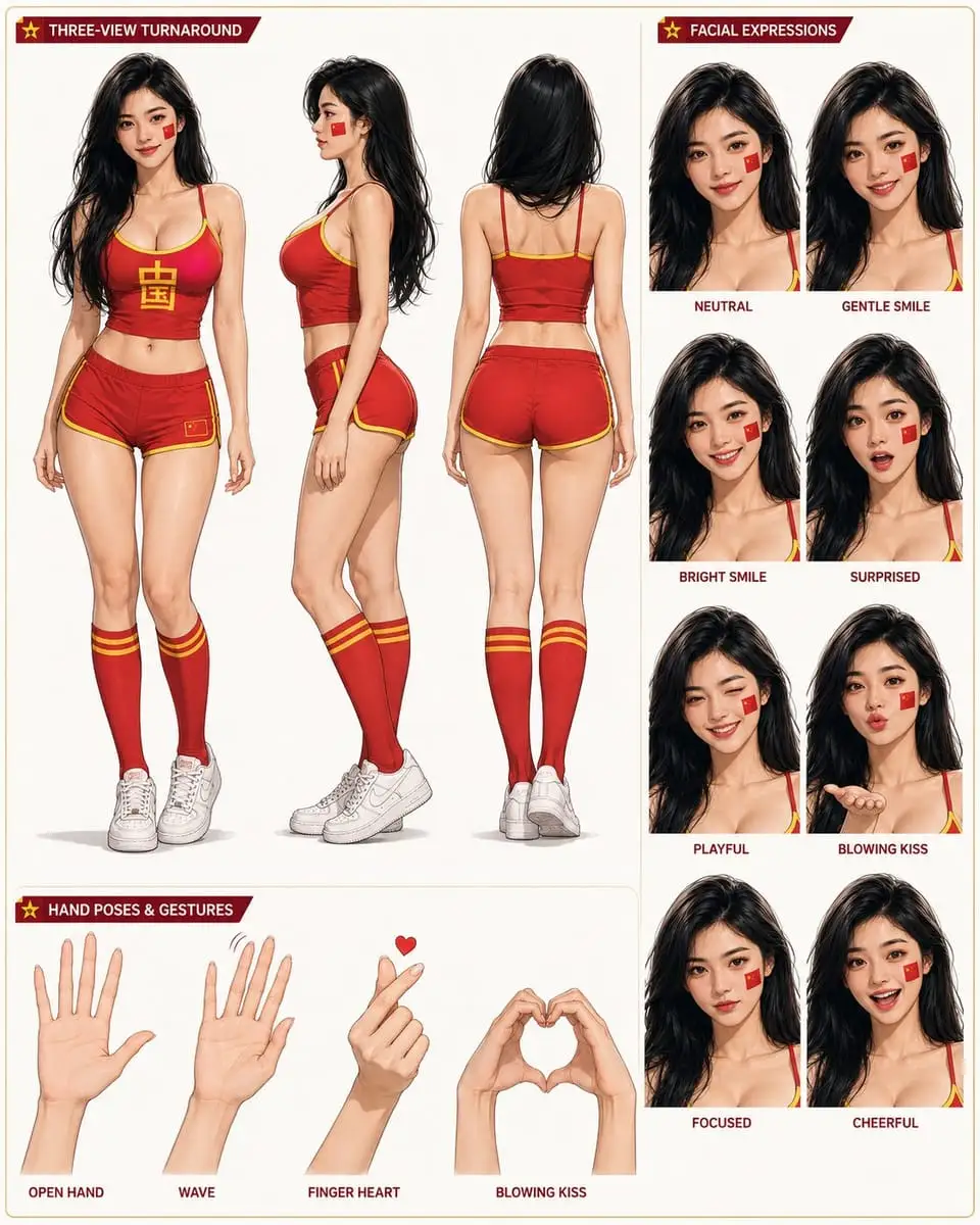 女主角三视图角色卡片 - 多表情与手部特写