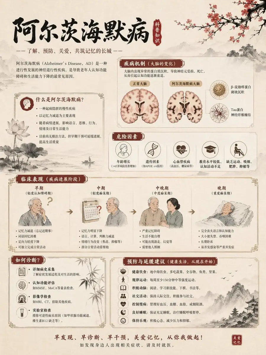 阿尔茨海默病科普信息图 - 水墨养生海报