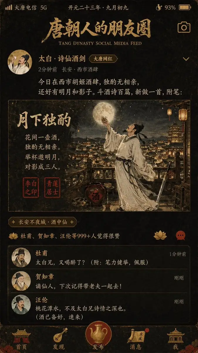 大唐风社交媒体动态海报:李白月下独酌朋友圈