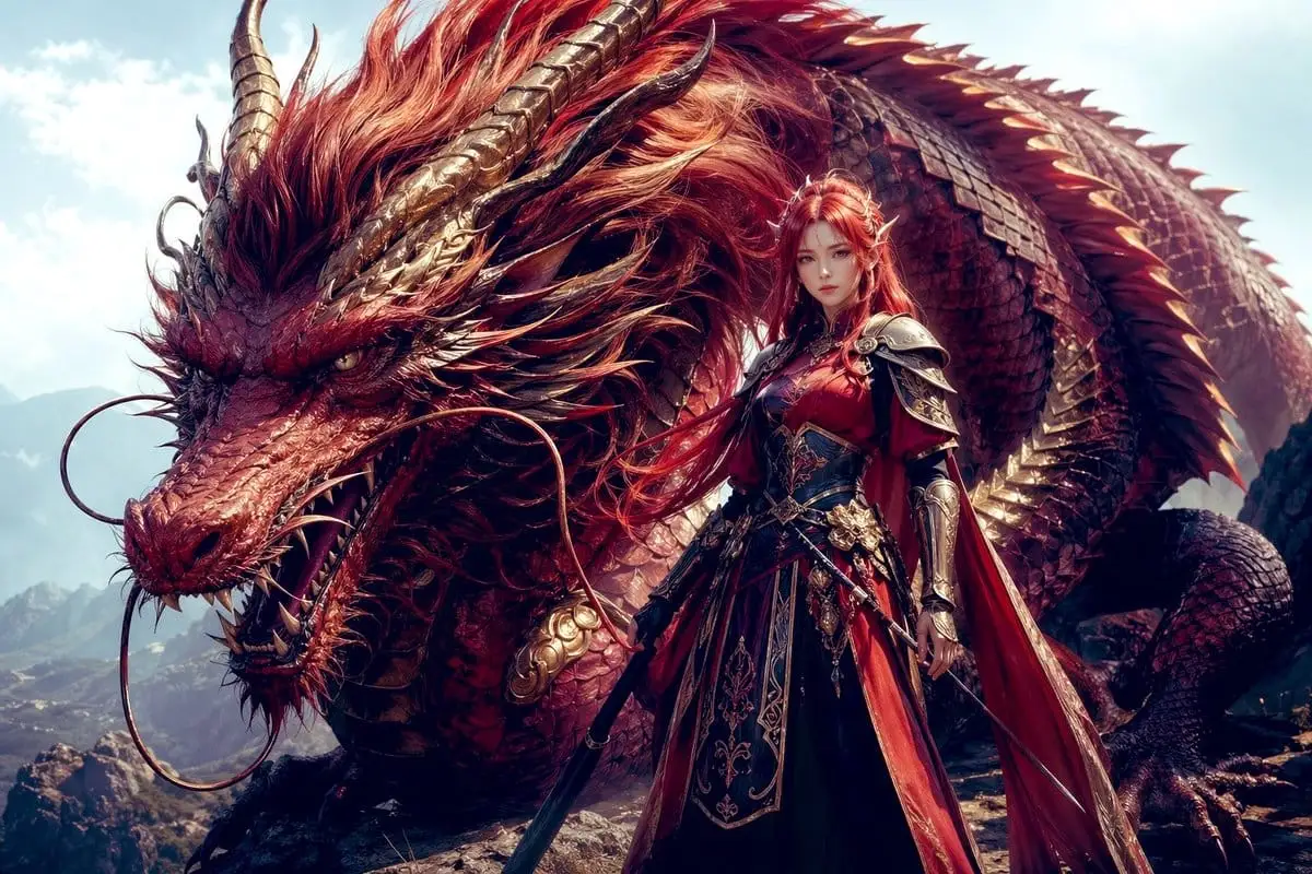 龙骑士与赤龙：史诗级奇幻插画提示词