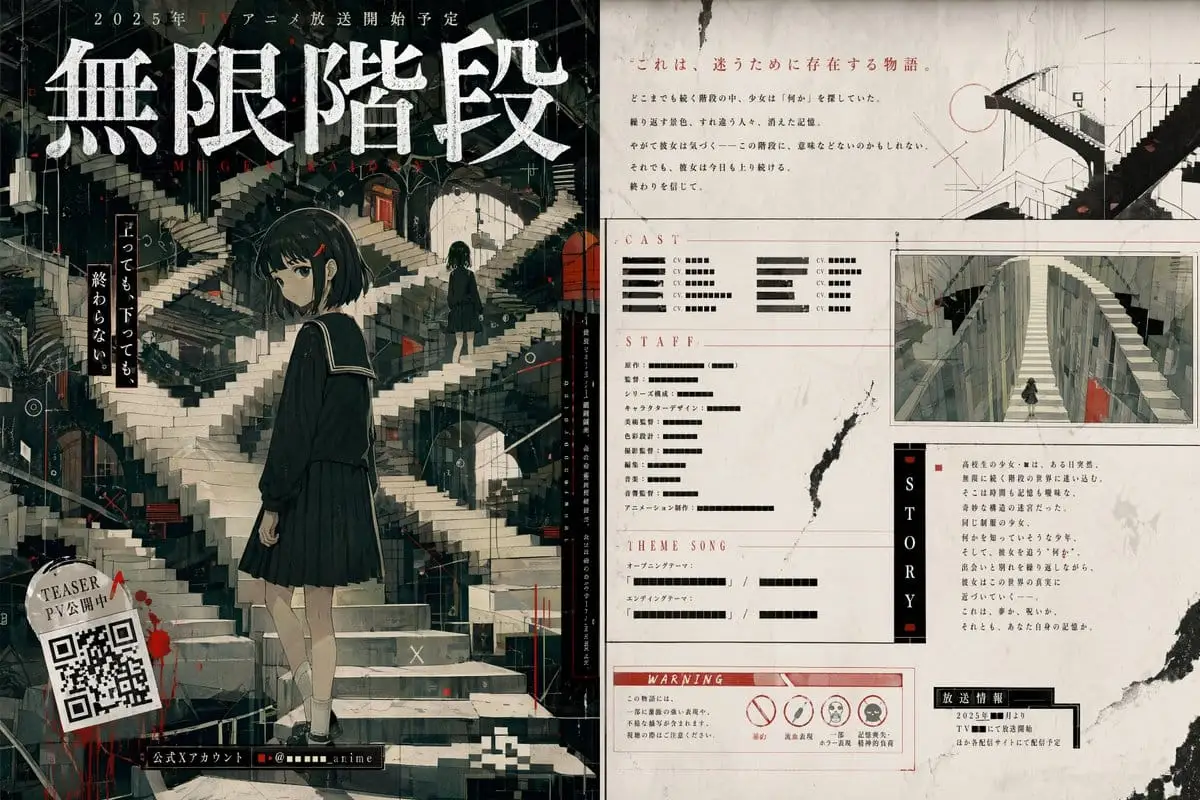 超现实无限阶梯|动漫心理惊悚海报提示词