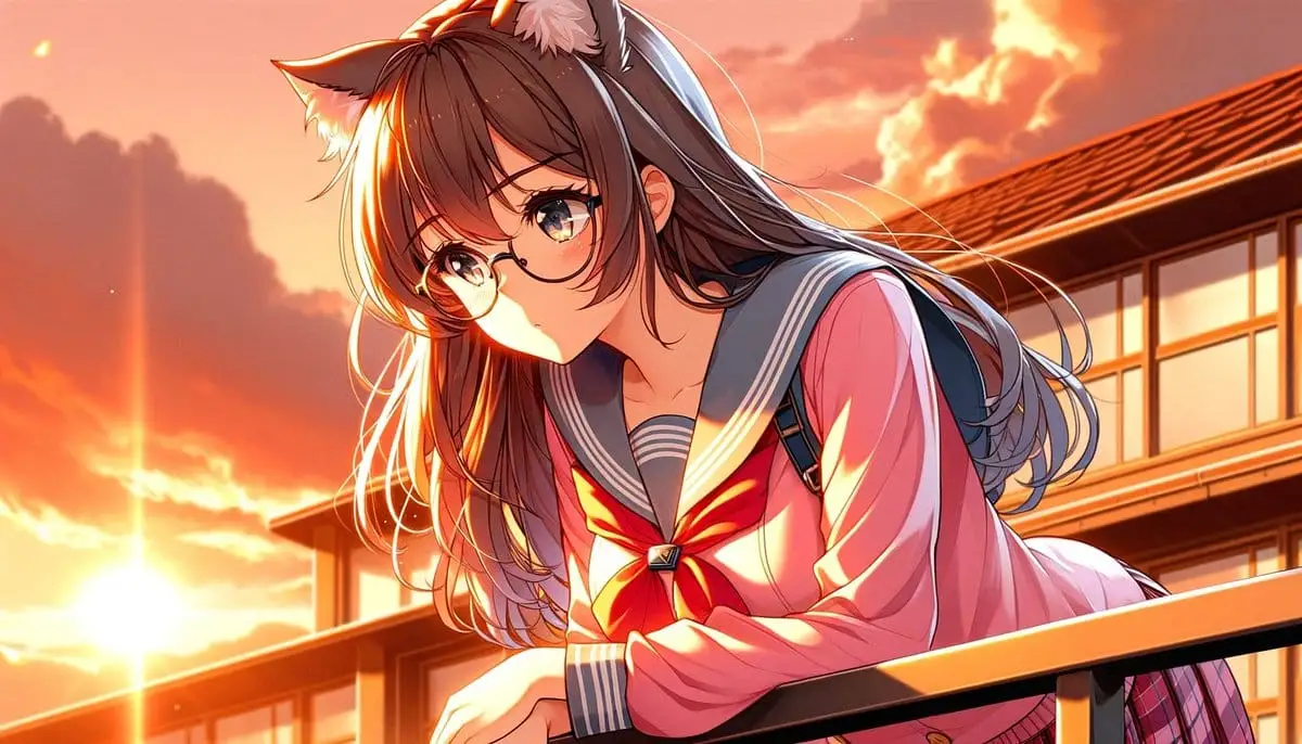 日落天台·猫耳少女动漫插画