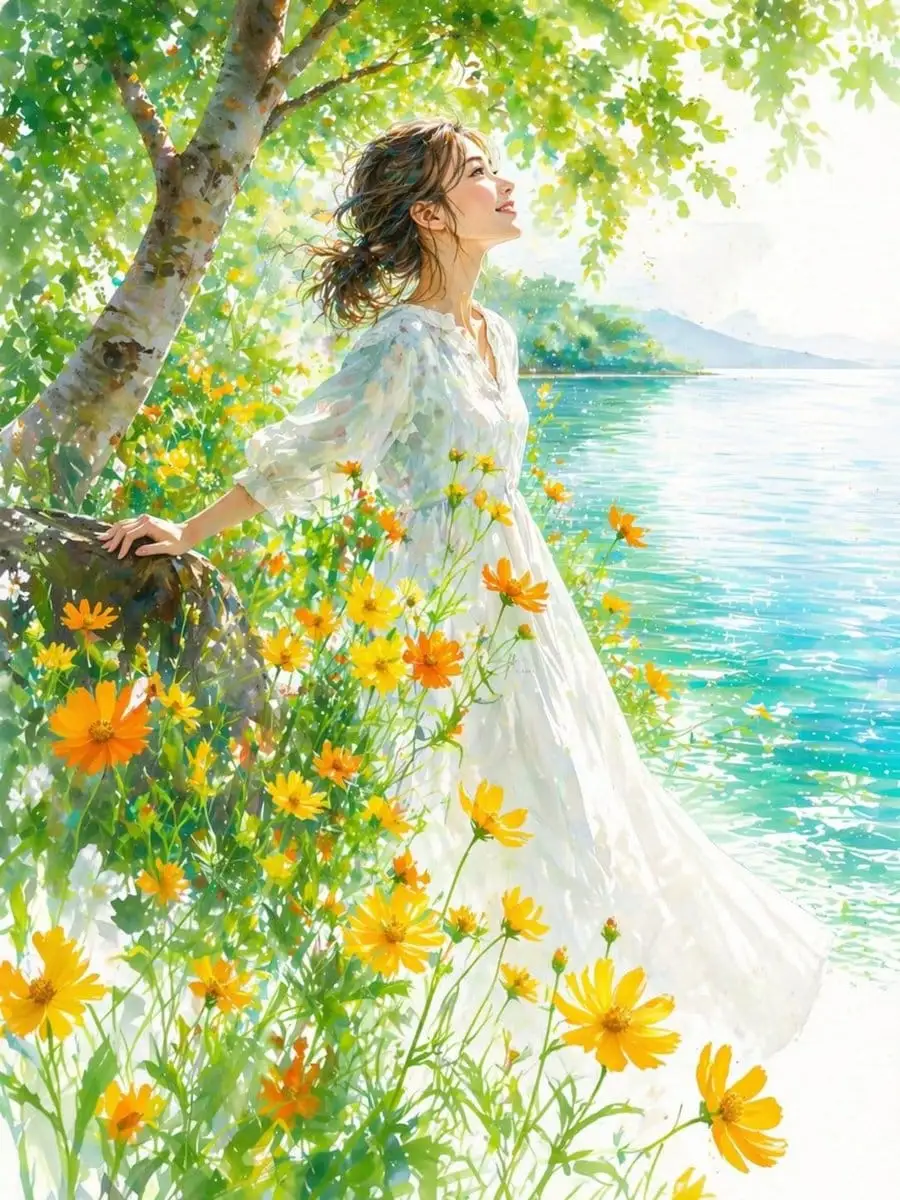 夏日湖畔印象派女性插画提示词