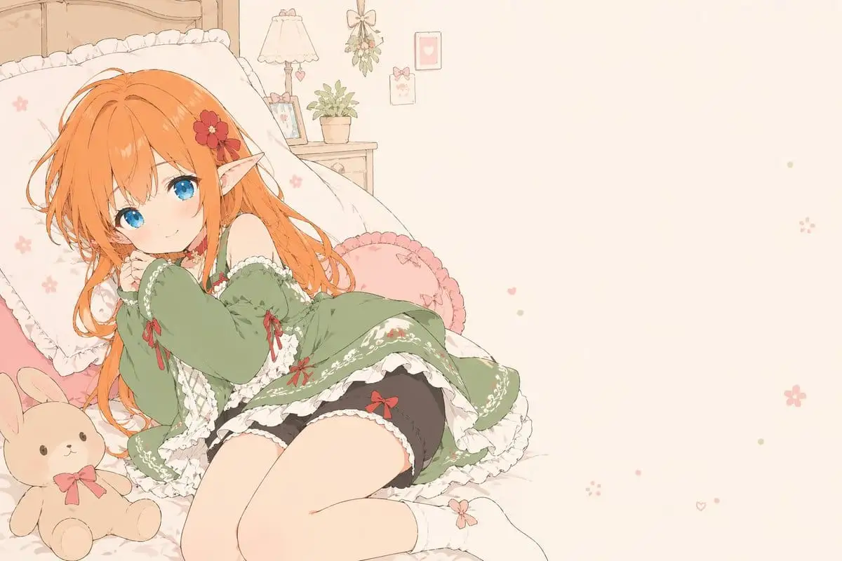 精灵女孩与荷叶边床 | 平涂少女漫插画