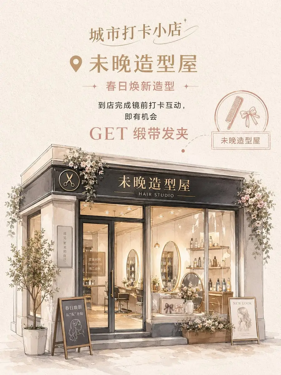 🎨 精致水彩风 · 半写实手绘门店打卡海报