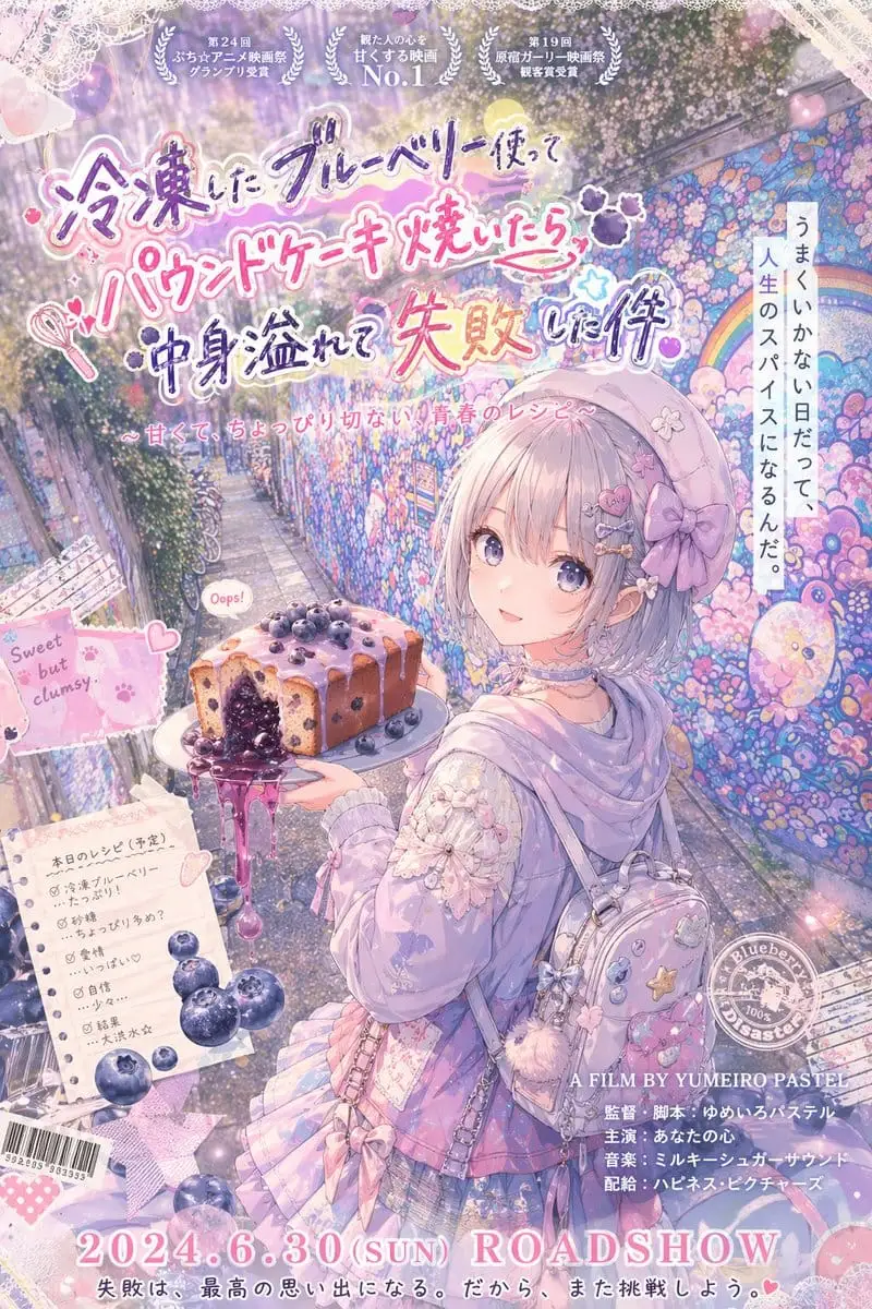蓝莓蛋糕失败记|日式动漫电影海报提示词