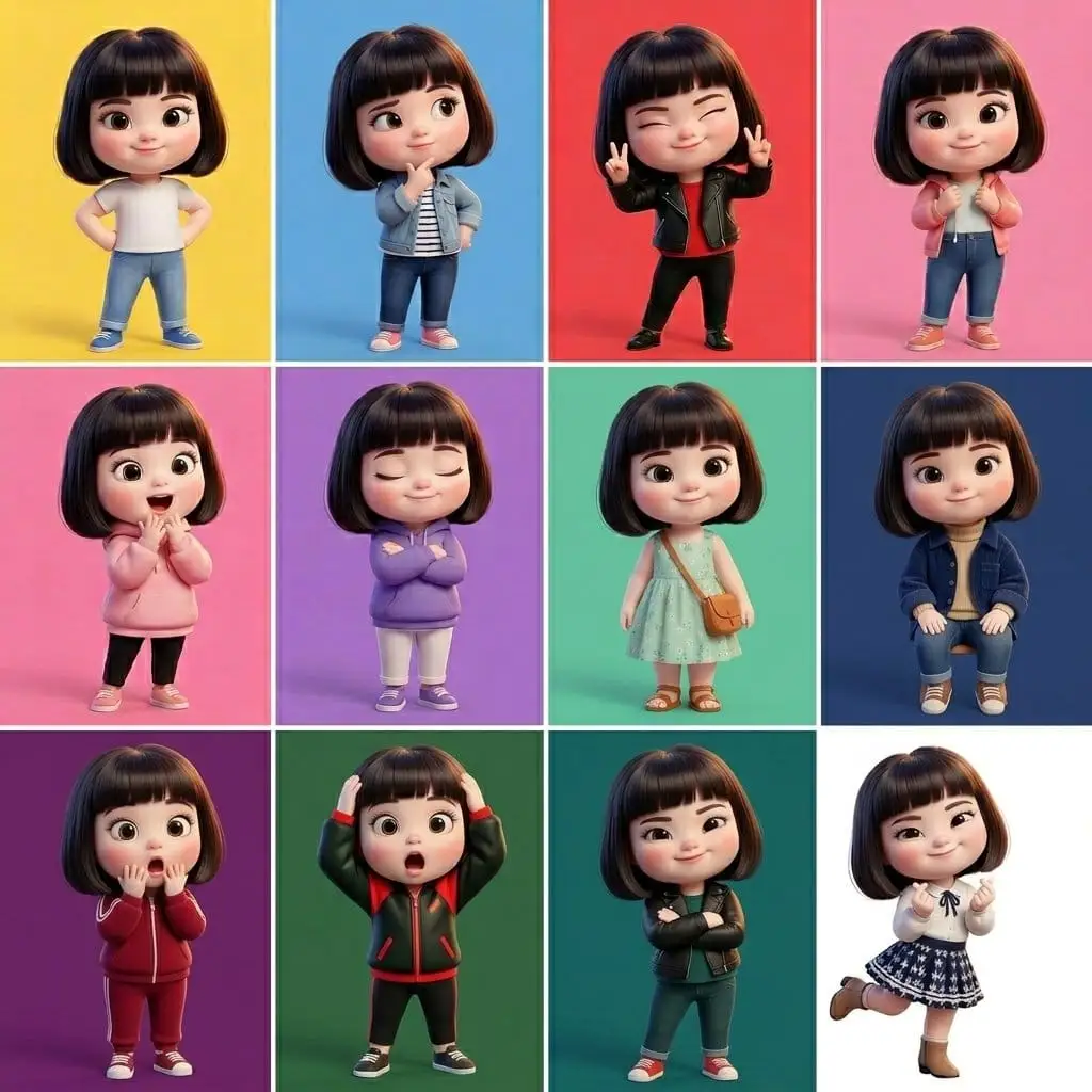 六格角色设计:3D皮克斯风女孩服装与表情合集