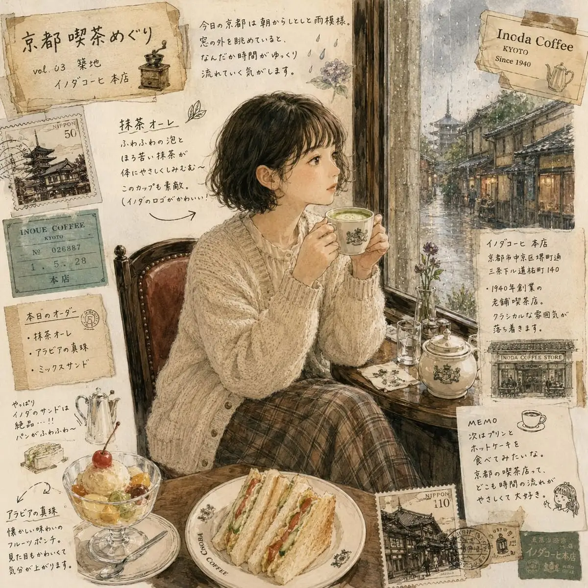 京都雨中喫茶店:复古写真与吉卜力风插画